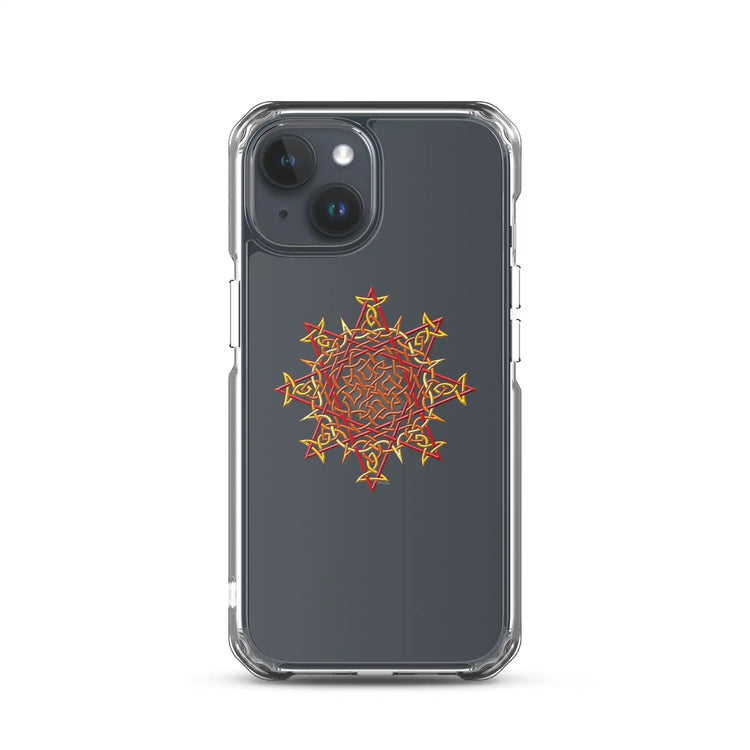 An iPhone 15 in a Xigfireon clear phone case featuring the Fire Colour iteration of the Morning Star Fire Celtic knot design. The Morning Star Fire Celtic knot design symbolizes the Sun.