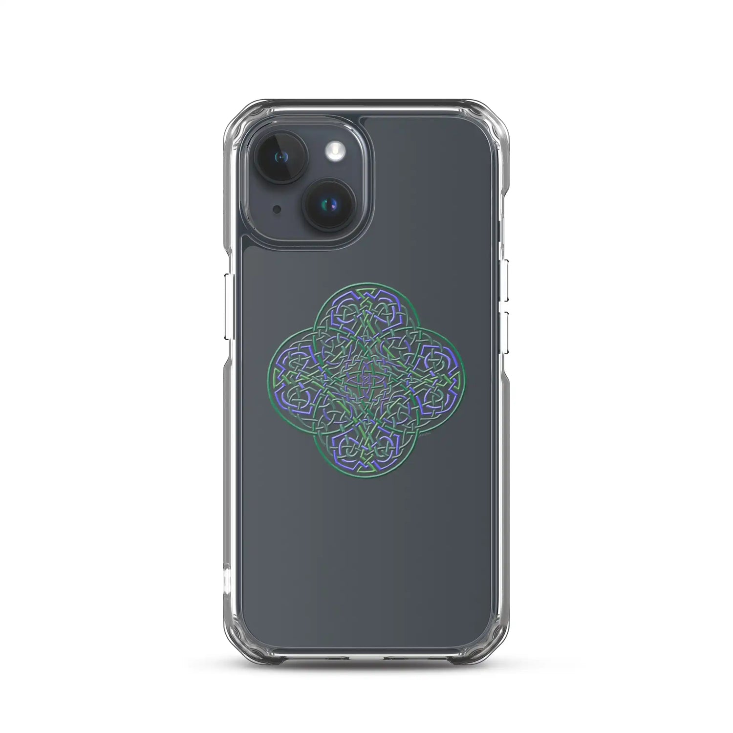 An iPhone 15 in a Xigfireon clear phone case featuring the Living Colour iteration of the Reach Of The Spirit Celtic knot design. The Reach Of The Spirit Celtic knot design represents Mother Earth.
