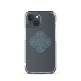 An iPhone 15 in a Xigfireon clear phone case featuring the Living Colour iteration of the Reach Of The Spirit Celtic knot design. The Reach Of The Spirit Celtic knot design represents Mother Earth.