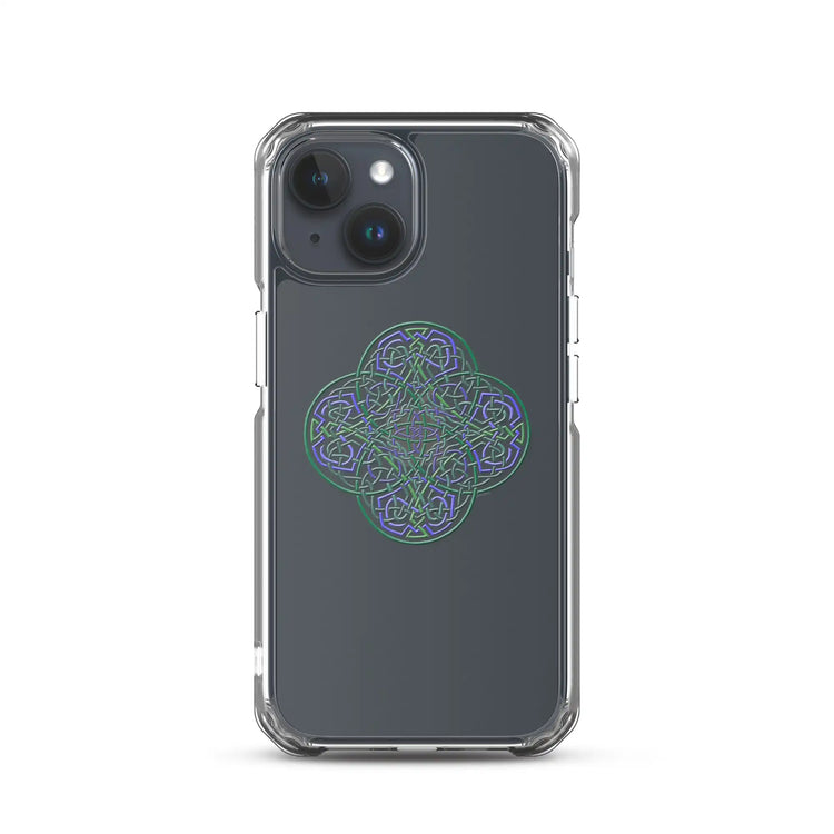An iPhone 15 in a Xigfireon clear phone case featuring the Living Colour iteration of the Reach Of The Spirit Celtic knot design. The Reach Of The Spirit Celtic knot design represents Mother Earth.
