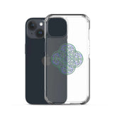 An iPhone 15 behind a Xigfireon clear phone case featuring the Living Colour iteration of the Reach Of The Spirit Celtic knot design. The Reach Of The Spirit Celtic knot design represents Mother Earth.