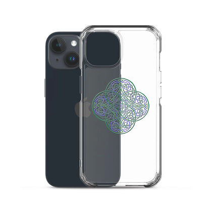 An iPhone 15 behind a Xigfireon clear phone case featuring the Living Colour iteration of the Reach Of The Spirit Celtic knot design. The Reach Of The Spirit Celtic knot design represents Mother Earth.