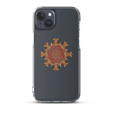 An iPhone 15 Plus in a Xigfireon clear phone case featuring the Fire Colour iteration of the Morning Star Fire Celtic knot design. The Morning Star Fire Celtic knot design symbolizes the Sun.