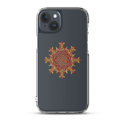 An iPhone 15 Plus in a Xigfireon clear phone case featuring the Fire Colour iteration of the Morning Star Fire Celtic knot design. The Morning Star Fire Celtic knot design symbolizes the Sun.