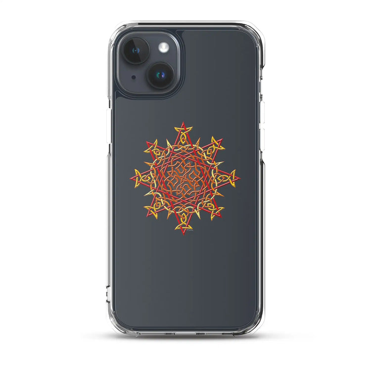 An iPhone 15 Plus in a Xigfireon clear phone case featuring the Fire Colour iteration of the Morning Star Fire Celtic knot design. The Morning Star Fire Celtic knot design symbolizes the Sun.