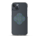 An iPhone 15 Plus in a Xigfireon clear phone case featuring the Living Colour iteration of the Reach Of The Spirit Celtic knot design. The Reach Of The Spirit Celtic knot design represents Mother Earth.
