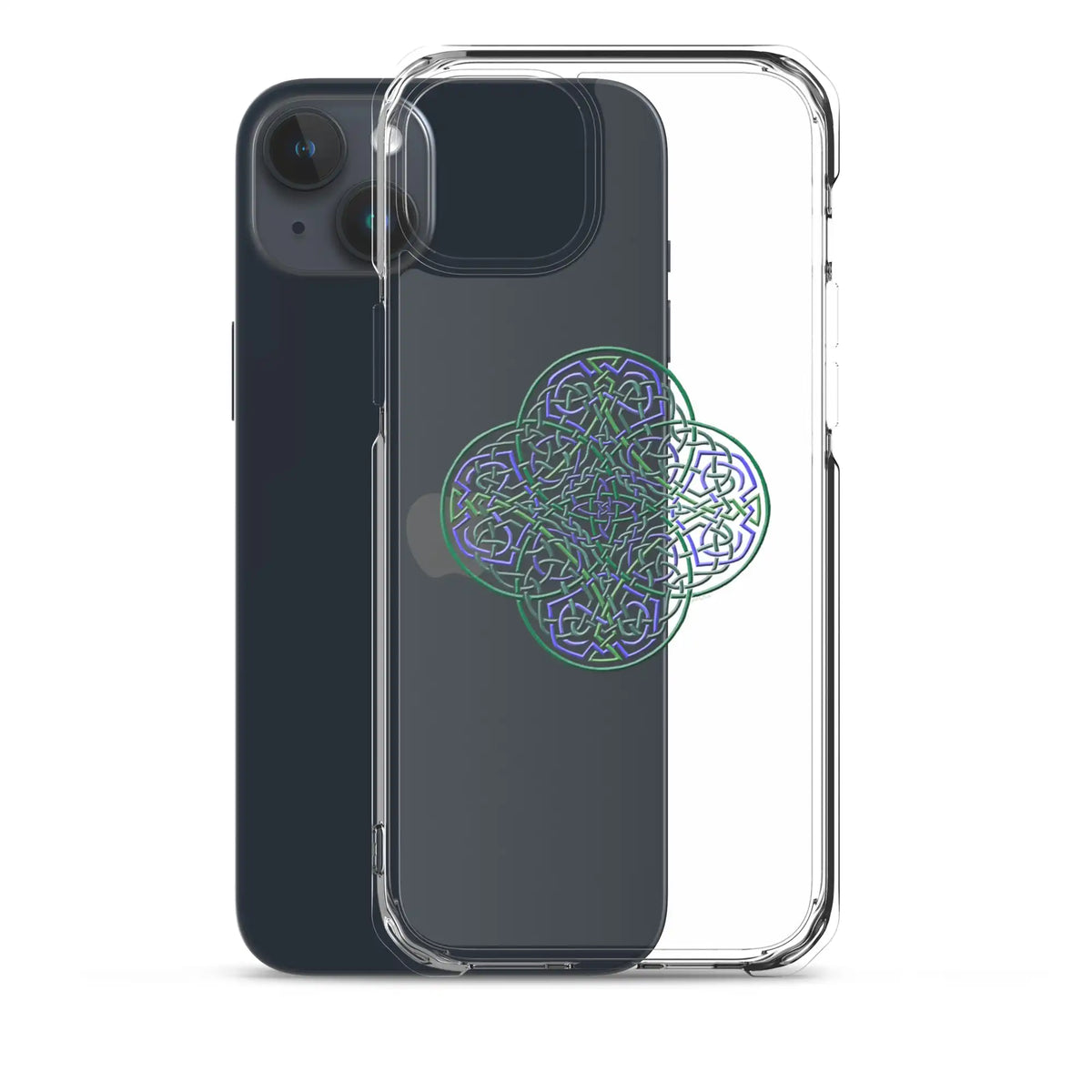 An iPhone 15 Plus behind a Xigfireon clear phone case featuring the Living Colour iteration of the Reach Of The Spirit Celtic knot design. The Reach Of The Spirit Celtic knot design represents Mother Earth.