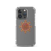An iPhone 15 Pro in a Xigfireon clear phone case featuring the Fire Colour iteration of the Morning Star Fire Celtic knot design. The Morning Star Fire Celtic knot design symbolizes the Sun.