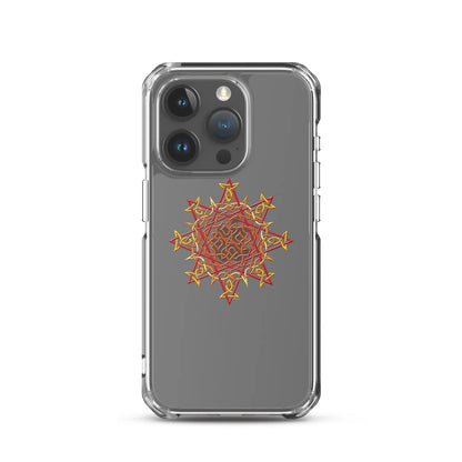 An iPhone 15 Pro in a Xigfireon clear phone case featuring the Fire Colour iteration of the Morning Star Fire Celtic knot design. The Morning Star Fire Celtic knot design symbolizes the Sun.