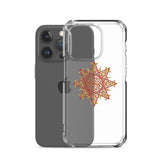 An iPhone 15 Pro behind a Xigfireon clear phone case featuring the Fire Colour iteration of the Morning Star Fire Celtic knot design. The Morning Star Fire Celtic knot design represents Father Sun.