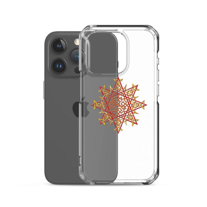 An iPhone 15 Pro behind a Xigfireon clear phone case featuring the Fire Colour iteration of the Morning Star Fire Celtic knot design. The Morning Star Fire Celtic knot design represents Father Sun.