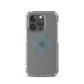 An iPhone 15 Pro in a Xigfireon clear phone case featuring the Living Colour iteration of the Reach Of The Spirit Celtic knot design. The Reach Of The Spirit Celtic knot design represents Mother Earth.