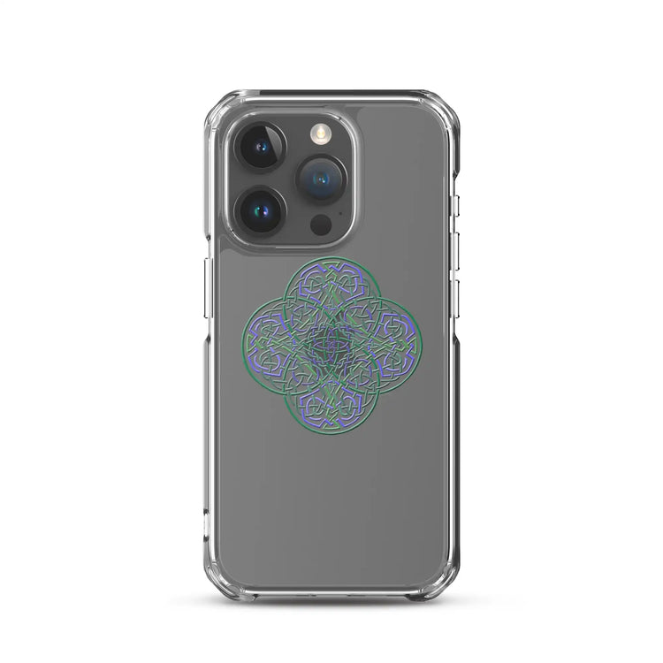 An iPhone 15 Pro in a Xigfireon clear phone case featuring the Living Colour iteration of the Reach Of The Spirit Celtic knot design. The Reach Of The Spirit Celtic knot design represents Mother Earth.