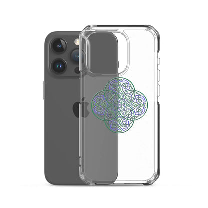 An iPhone 15 Pro behind a Xigfireon clear phone case featuring the Living Colour iteration of the Reach Of The Spirit Celtic knot design. The Reach Of The Spirit Celtic knot design represents Mother Earth.