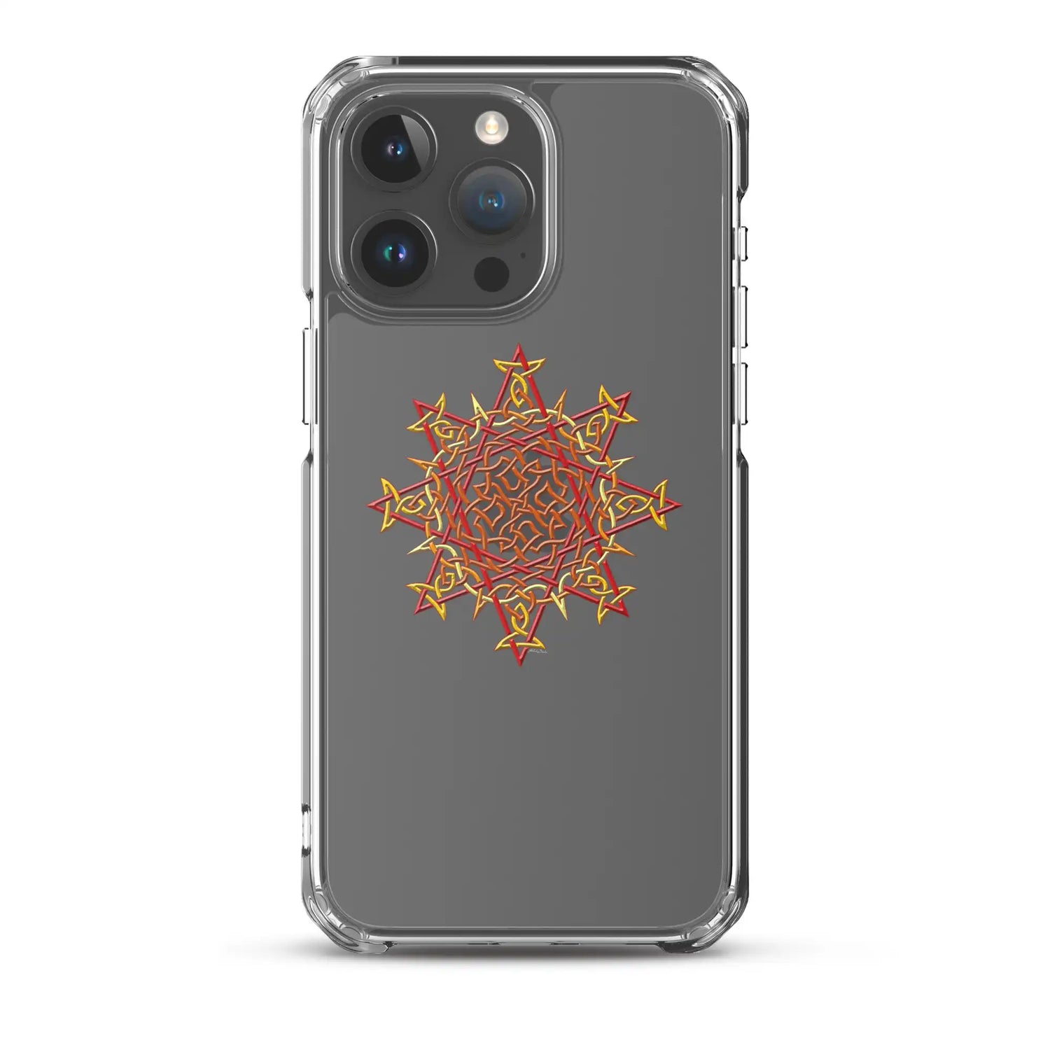 An iPhone 15 Pro Max in a Xigfireon clear phone case featuring the Fire Colour iteration of the Morning Star Fire Celtic knot design. The Morning Star Fire Celtic knot design symbolizes the Sun.