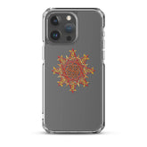 An iPhone 15 Pro Max in a Xigfireon clear phone case featuring the Fire Colour iteration of the Morning Star Fire Celtic knot design. The Morning Star Fire Celtic knot design symbolizes the Sun.