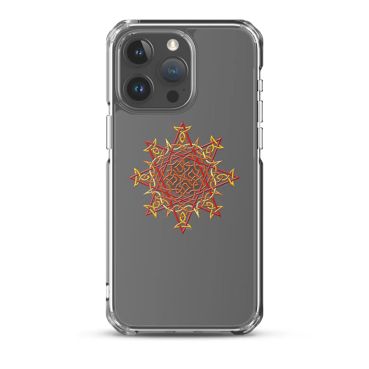 An iPhone 15 Pro Max in a Xigfireon clear phone case featuring the Fire Colour iteration of the Morning Star Fire Celtic knot design. The Morning Star Fire Celtic knot design symbolizes the Sun.