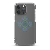 An iPhone 15 Pro Max behind a Xigfireon clear phone case featuring the Living Colour iteration of the Reach Of The Spirit Celtic knot design. The Reach Of The Spirit Celtic knot design represents Mother Earth.