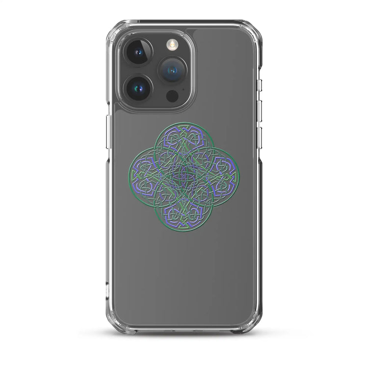 An iPhone 15 Pro Max behind a Xigfireon clear phone case featuring the Living Colour iteration of the Reach Of The Spirit Celtic knot design. The Reach Of The Spirit Celtic knot design represents Mother Earth.
