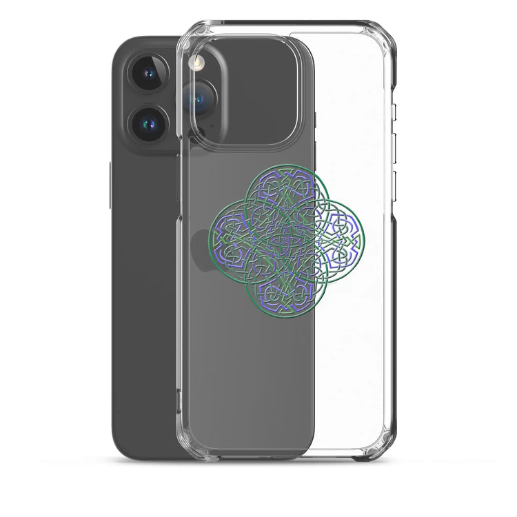 An iPhone 15 Pro Max behind a Xigfireon clear phone case featuring the Living Colour iteration of the Reach Of The Spirit Celtic knot design. The Reach Of The Spirit Celtic knot design represents Mother Earth.