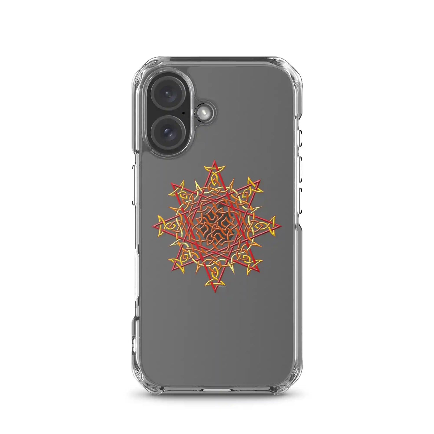 An iPhone 16 in a Xigfireon clear phone case featuring the Fire Colour iteration of the Morning Star Fire Celtic knot design. The Morning Star Fire Celtic knot design symbolizes the Sun.