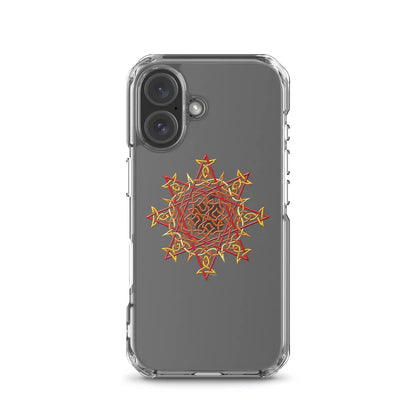 An iPhone 16 in a Xigfireon clear phone case featuring the Fire Colour iteration of the Morning Star Fire Celtic knot design. The Morning Star Fire Celtic knot design symbolizes the Sun.