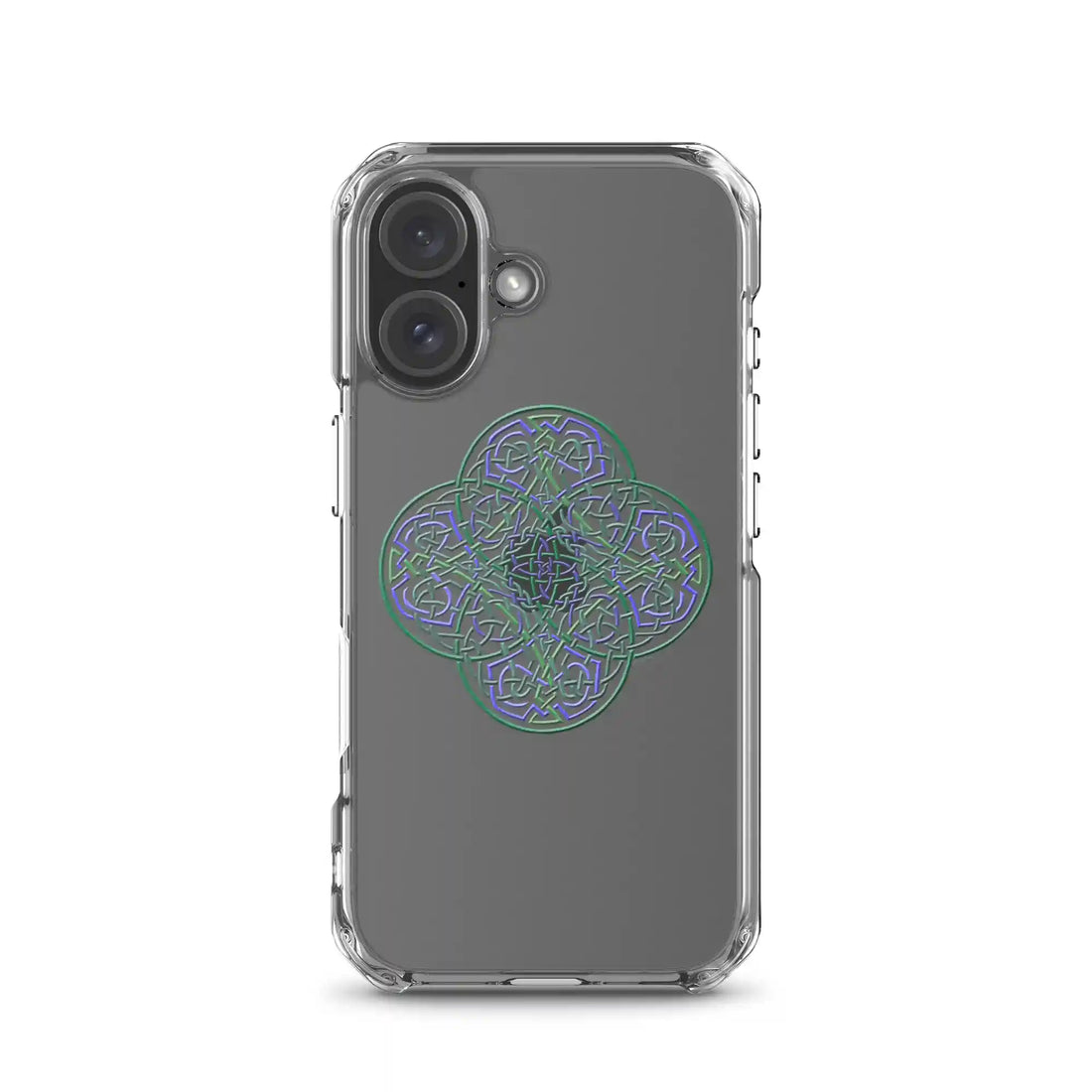 Xigfireon Reach Of The Spirit Living Colour Celtic knot phone case shown on iPhone 16.