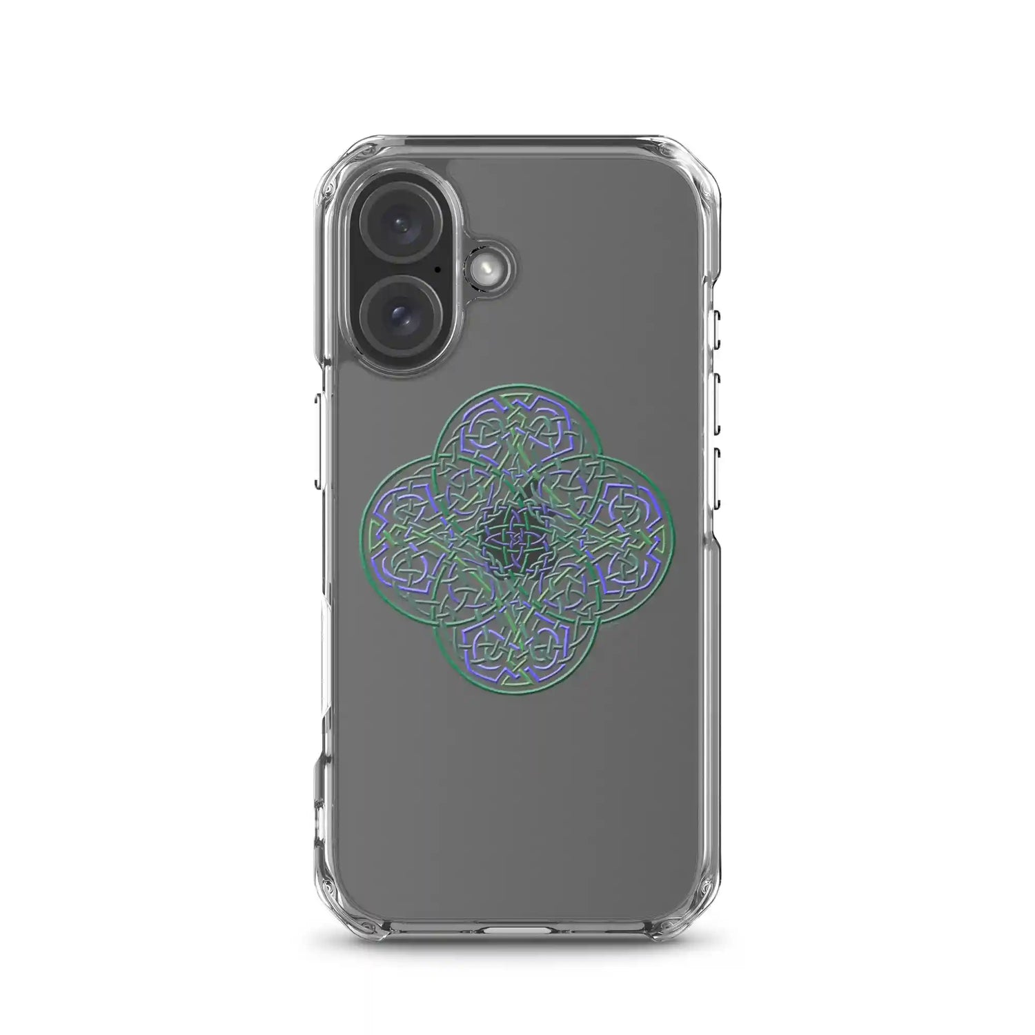 Xigfireon Reach Of The Spirit Living Colour Celtic knot phone case shown on iPhone 16.