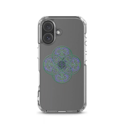Xigfireon Reach Of The Spirit Living Colour Celtic knot phone case shown on iPhone 16.