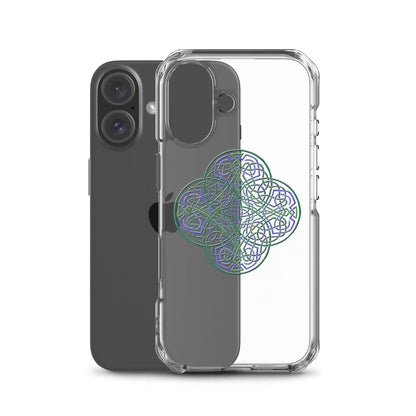 An iPhone 16 behind a Xigfireon clear phone case featuring the Living Colour iteration of the Reach Of The Spirit Celtic knot design. The Reach Of The Spirit Celtic knot design represents Mother Earth.
