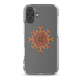 An iPhone 16 Plus in a Xigfireon clear phone case featuring the Fire Colour iteration of the Morning Star Fire Celtic knot design. The Morning Star Fire Celtic knot design symbolizes the Sun.