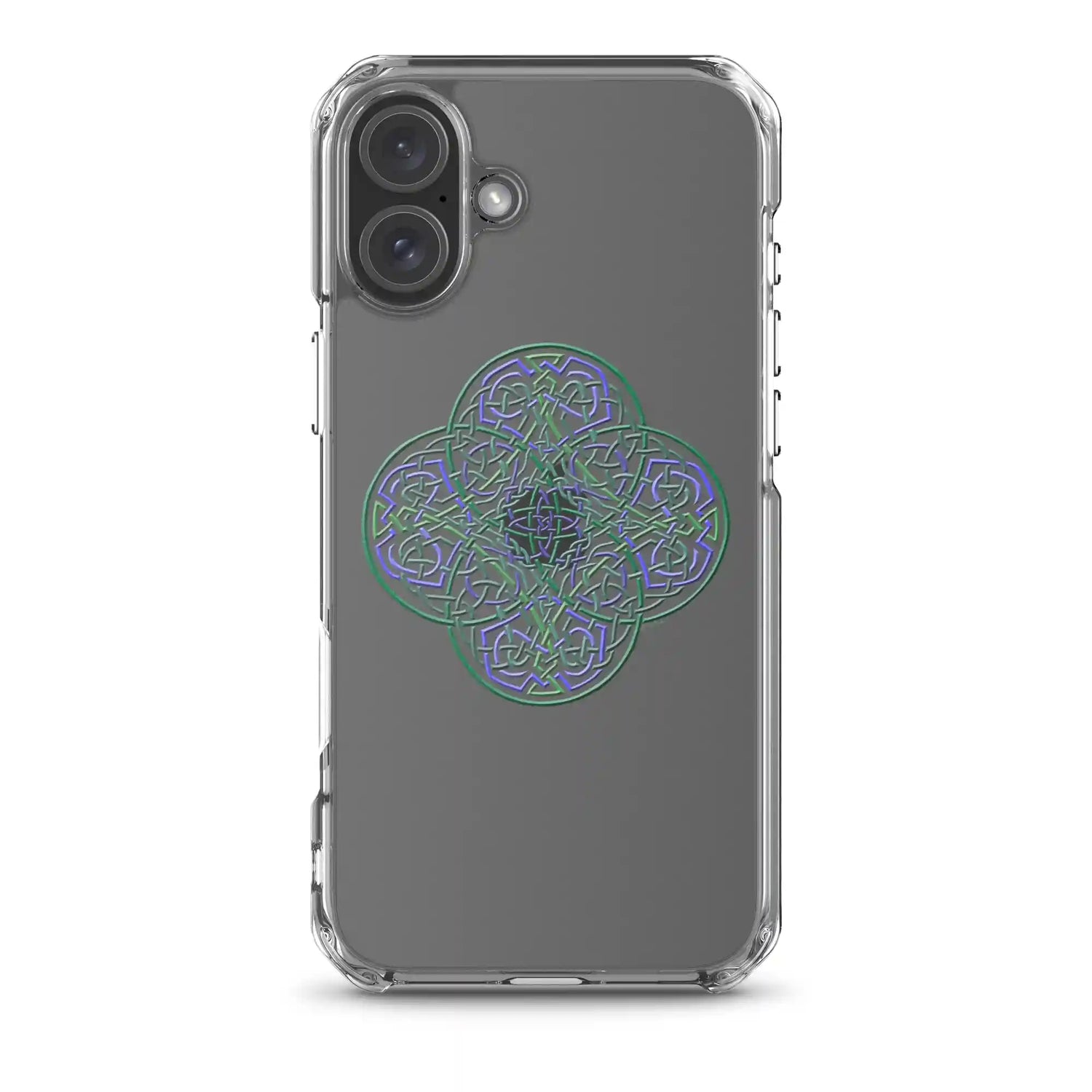 An iPhone 16 Plus in a Xigfireon clear phone case featuring the Living Colour iteration of the Reach Of The Spirit Celtic knot design. The Reach Of The Spirit Celtic knot design represents Mother Earth.
