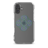 An iPhone 16 Plus in a Xigfireon clear phone case featuring the Living Colour iteration of the Reach Of The Spirit Celtic knot design. The Reach Of The Spirit Celtic knot design represents Mother Earth.