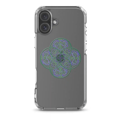 An iPhone 16 Plus in a Xigfireon clear phone case featuring the Living Colour iteration of the Reach Of The Spirit Celtic knot design. The Reach Of The Spirit Celtic knot design represents Mother Earth.