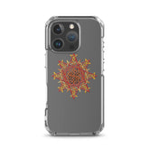 An iPhone 16 Pro in a Xigfireon clear phone case featuring the Fire Colour iteration of the Morning Star Fire Celtic knot design. The Morning Star Fire Celtic knot design symbolizes the Sun.