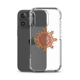 An iPhone 16 Pro behind a Xigfireon clear phone case featuring the Fire Colour iteration of the Morning Star Fire Celtic knot design. The Morning Star Fire Celtic knot design represents Father Sun.