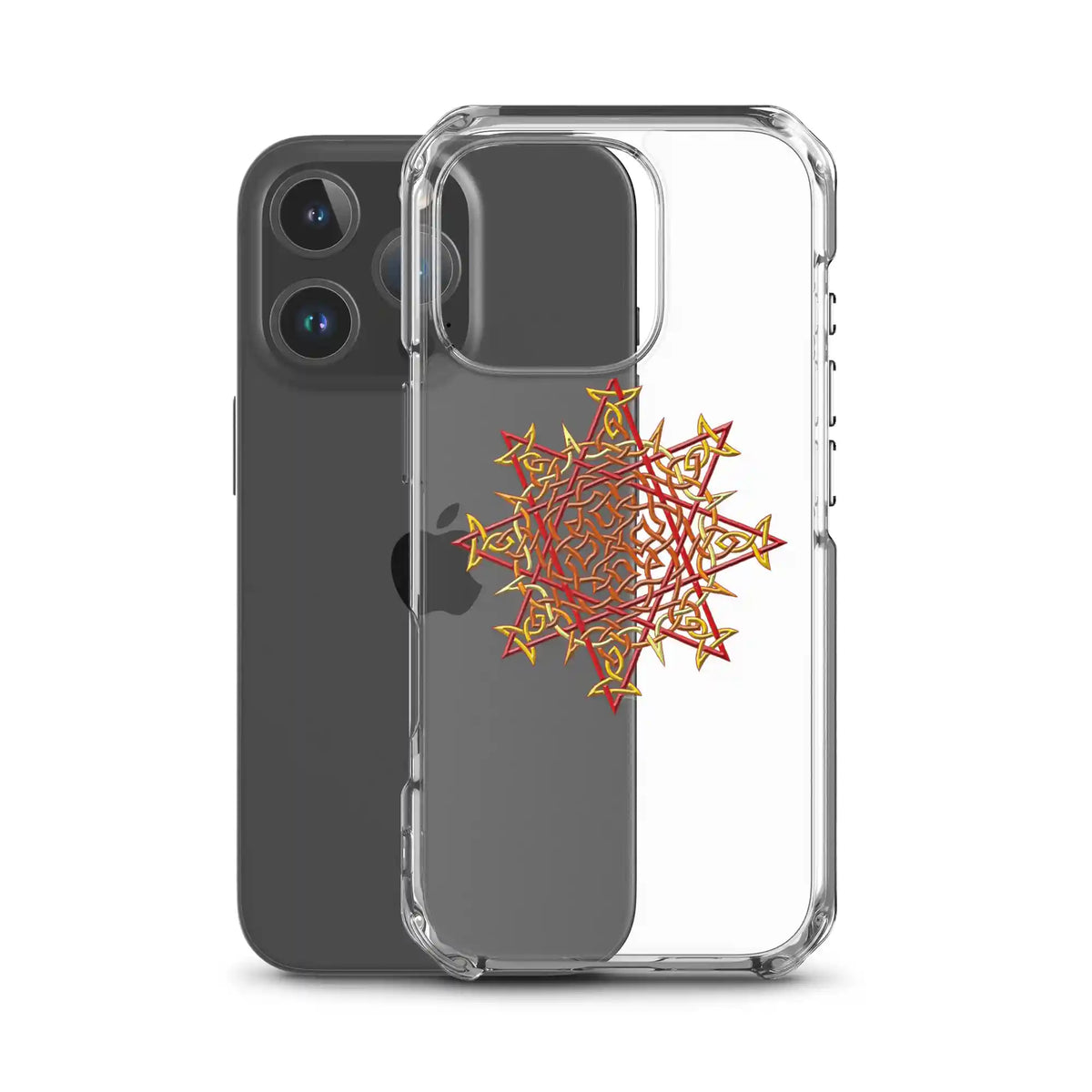 An iPhone 16 Pro behind a Xigfireon clear phone case featuring the Fire Colour iteration of the Morning Star Fire Celtic knot design. The Morning Star Fire Celtic knot design represents Father Sun.