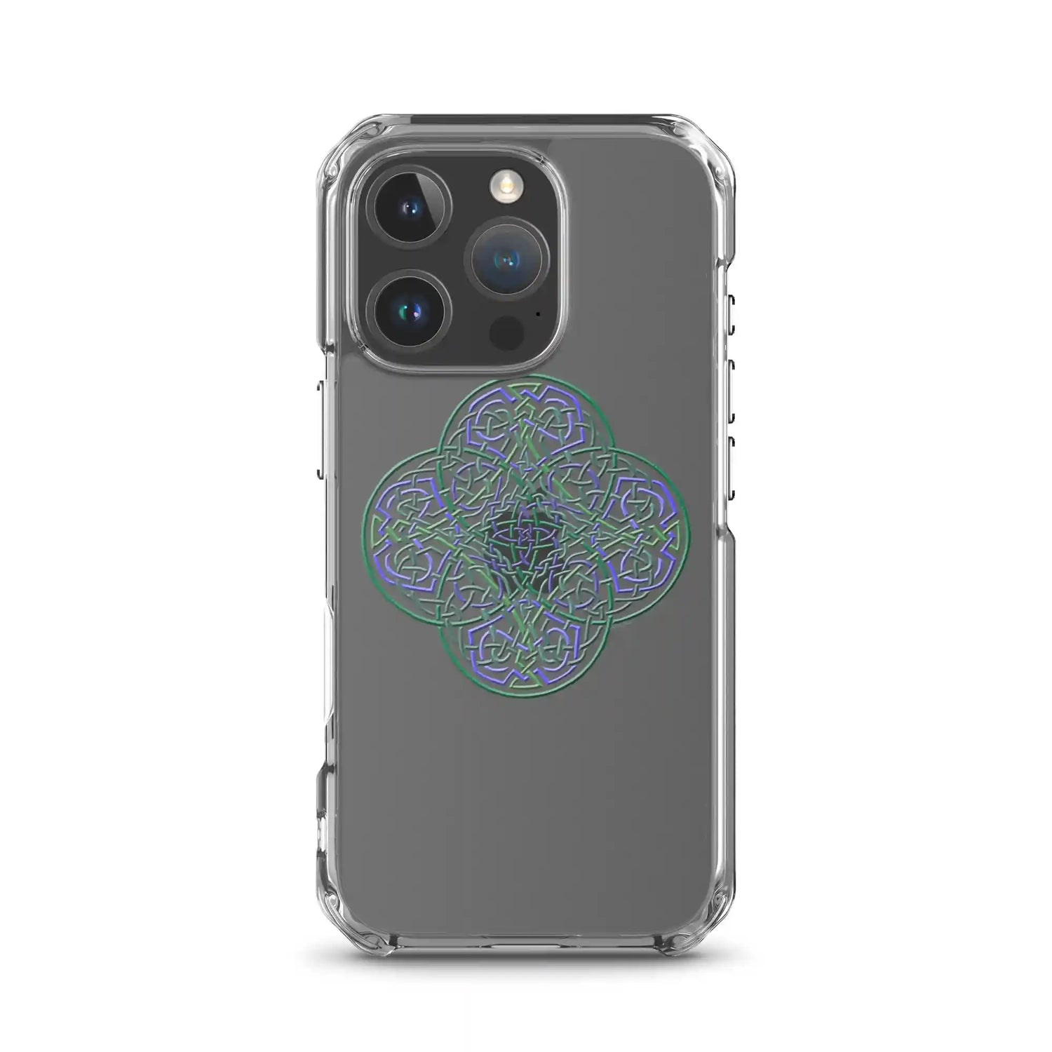 An iPhone 16 Pro in a Xigfireon clear phone case featuring the Living Colour iteration of the Reach Of The Spirit Celtic knot design. The Reach Of The Spirit Celtic knot design represents Mother Earth.