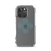 An iPhone 16 Pro in a Xigfireon clear phone case featuring the Living Colour iteration of the Reach Of The Spirit Celtic knot design. The Reach Of The Spirit Celtic knot design represents Mother Earth.