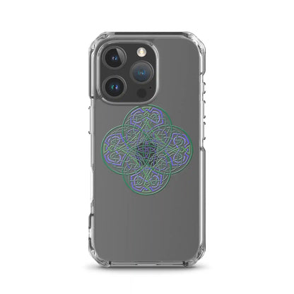 An iPhone 16 Pro in a Xigfireon clear phone case featuring the Living Colour iteration of the Reach Of The Spirit Celtic knot design. The Reach Of The Spirit Celtic knot design represents Mother Earth.