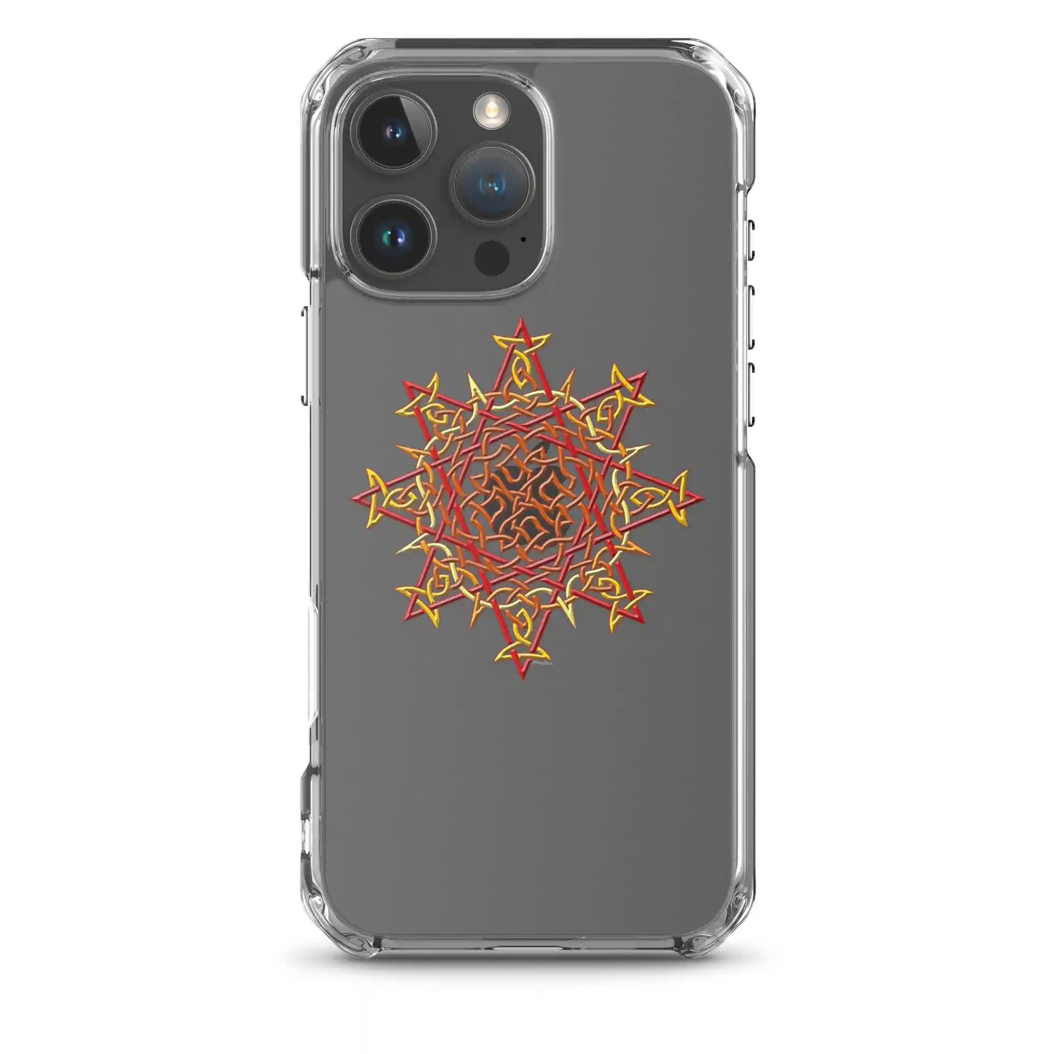 An iPhone 16 Pro Max in a Xigfireon clear phone case featuring the Fire Colour iteration of the Morning Star Fire Celtic knot design. The Morning Star Fire Celtic knot design symbolizes the Sun.