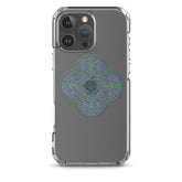 An iPhone 16 Pro Max in a Xigfireon clear phone case featuring the Living Colour iteration of the Reach Of The Spirit Celtic knot design. The Reach Of The Spirit Celtic knot design represents Mother Earth.