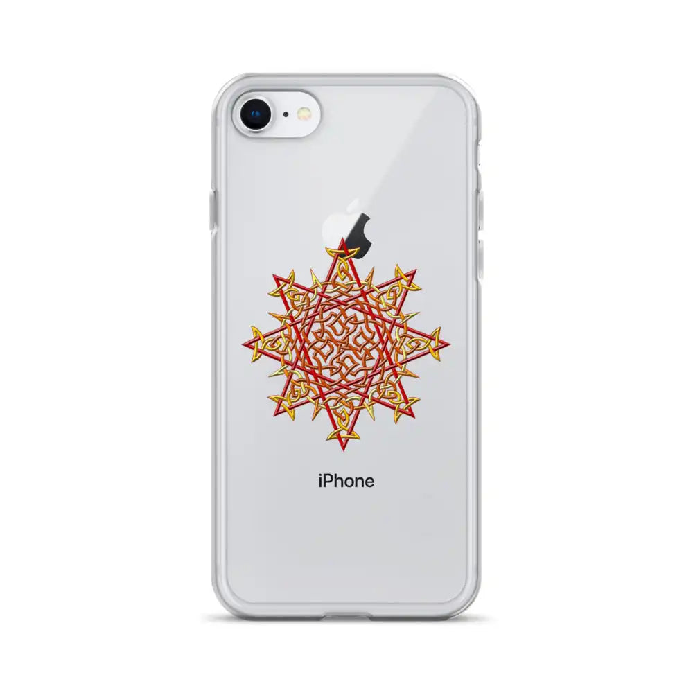 An iPhone 8 in a Xigfireon clear phone case featuring the Fire Colour iteration of the Morning Star Fire Celtic knot design. The Morning Star Fire Celtic knot design represents Father Sun.