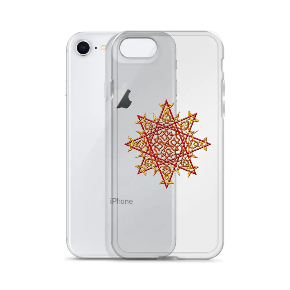 An iPhone 8 behind a Xigfireon clear phone case featuring the Fire Colour iteration of the Morning Star Fire Celtic knot design. The Morning Star Fire Celtic knot design represents Father Sun.