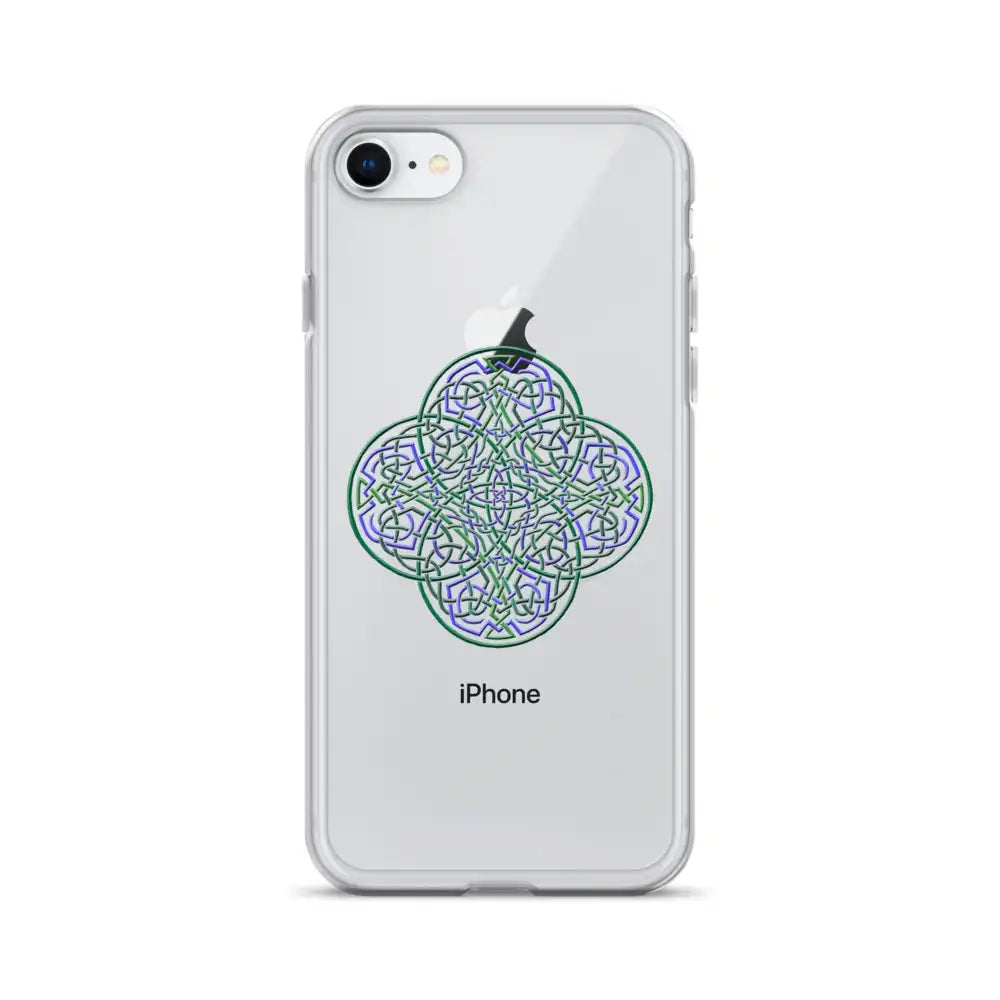 An iPhone 8 in a Xigfireon clear phone case featuring the Living Colour iteration of the Reach Of The Spirit Celtic knot design. The Reach Of The Spirit Celtic knot design represents Mother Earth.