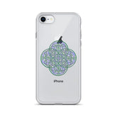 An iPhone 8 in a Xigfireon clear phone case featuring the Living Colour iteration of the Reach Of The Spirit Celtic knot design. The Reach Of The Spirit Celtic knot design represents Mother Earth.
