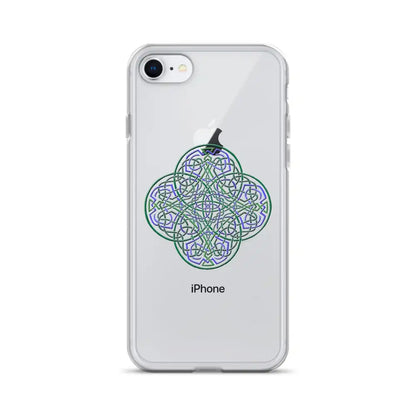 An iPhone 8 in a Xigfireon clear phone case featuring the Living Colour iteration of the Reach Of The Spirit Celtic knot design. The Reach Of The Spirit Celtic knot design represents Mother Earth.