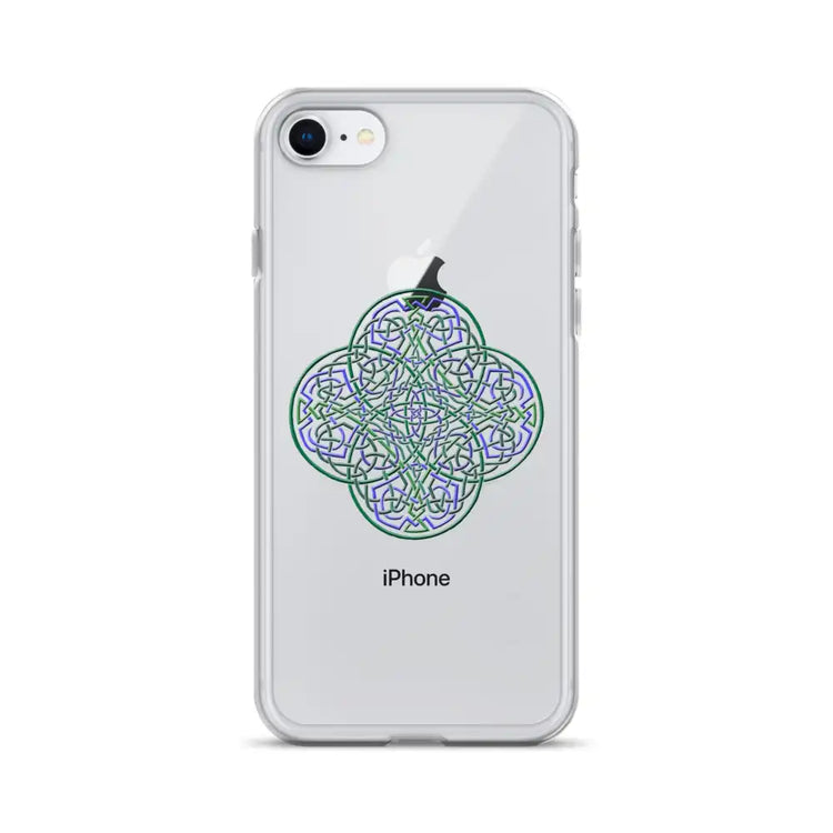 An iPhone 8 in a Xigfireon clear phone case featuring the Living Colour iteration of the Reach Of The Spirit Celtic knot design. The Reach Of The Spirit Celtic knot design represents Mother Earth.