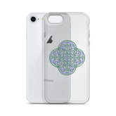 An iPhone 8 behind a Xigfireon clear phone case featuring the Living Colour iteration of the Reach Of The Spirit Celtic knot design. The Reach Of The Spirit Celtic knot design represents Mother Earth.
