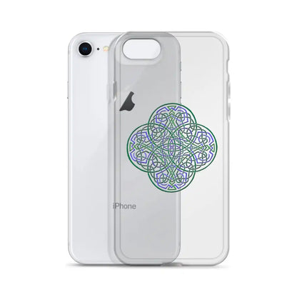 An iPhone 8 behind a Xigfireon clear phone case featuring the Living Colour iteration of the Reach Of The Spirit Celtic knot design. The Reach Of The Spirit Celtic knot design represents Mother Earth.